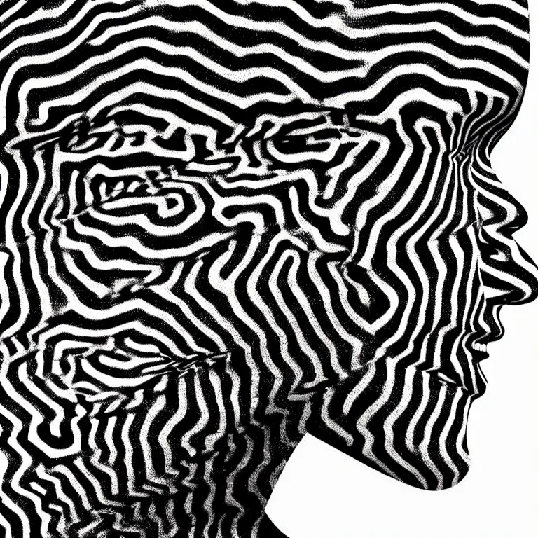 Image similar to a beautiful female face made of illusory motion dazzle camouflage perlin noise optical illusion