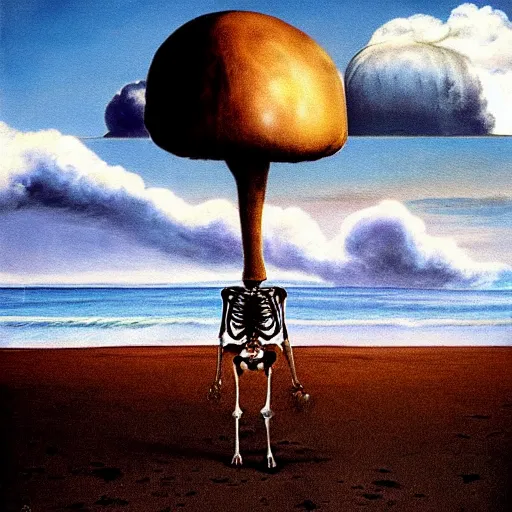 Image similar to a skeleton walking on a beach next to the ocean with nuclear bomb explosion in the background, a naturalism painting by Storm Thorgerson, featured on cg society, matte painting, realistic, chillwave, anatomically correct, light colors, photo-realistic huge mushroom-cloud in the distance