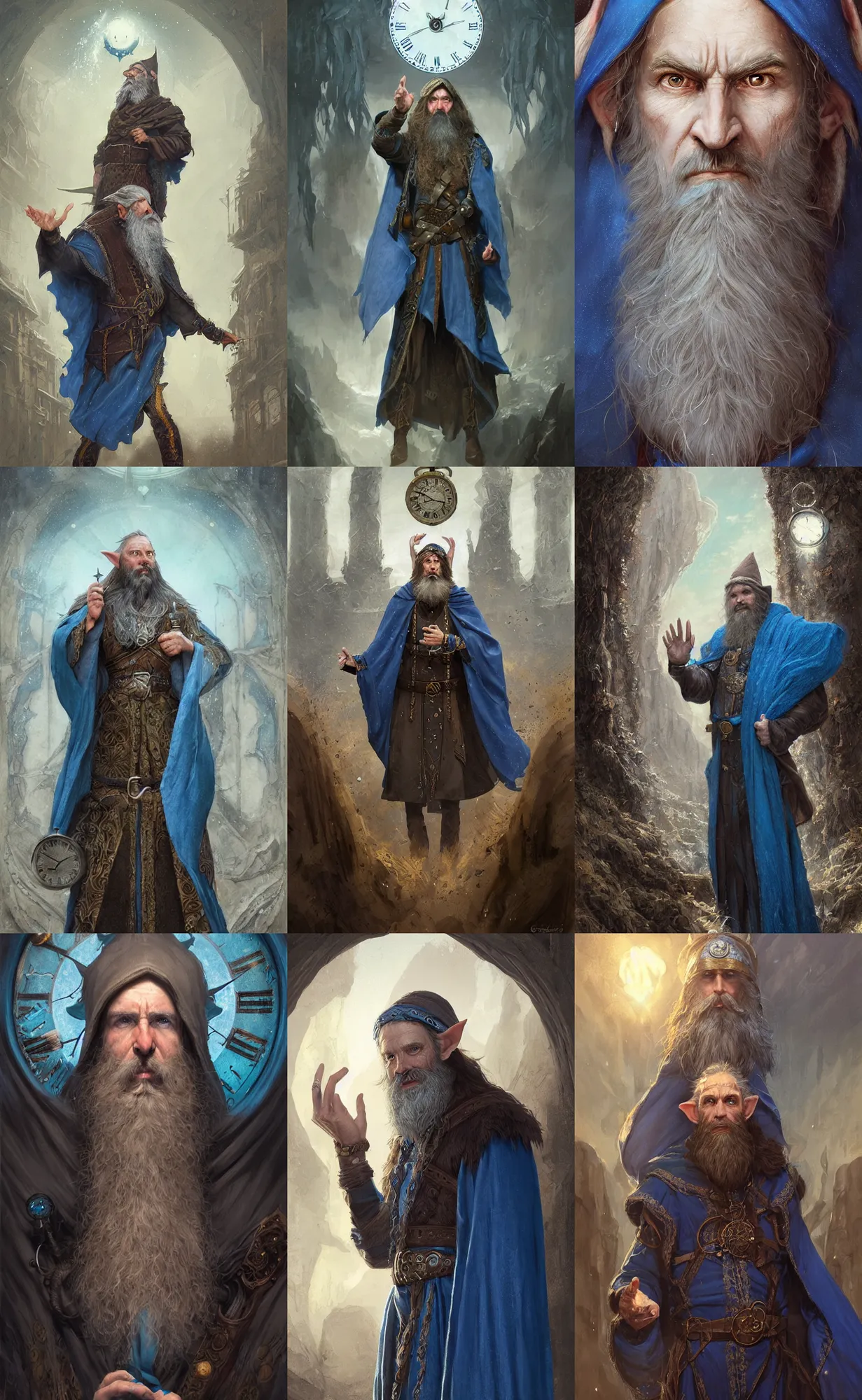 Image similar to portrait of a middle aged elf with a long beard, dressed in a blue cloak with clock iconography, brown hair, raised hand, detailed face, fantasy, highly detailed, cinematic lighting, digital art painting by greg rutkowski