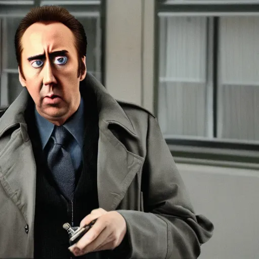 Prompt: nic cage but he is playing the hamburgler, movie still, hd digital photography