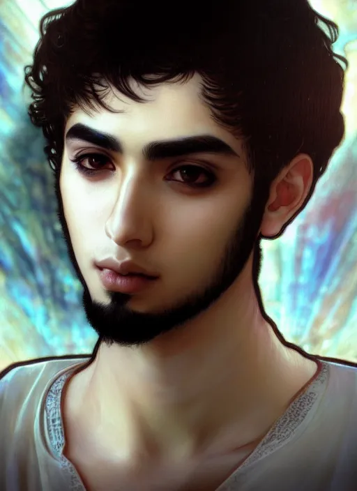 Image similar to beautiful medium shot portrait of a young arabic man inspired by ayami kojima with short hair dressed with a white t - shirt looking into the camera from three - quarters, white background white bank studio light, art by yoshitaka amano, alfons mucha, final fantasy, high quality, 8 k