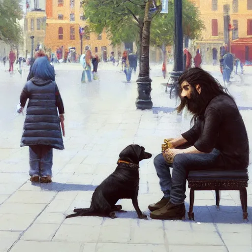 Image similar to oil painting of a man with long hair and a beard with his golden retrever dog playing guitar in the square for money people watching around, by greg rutkowski, artstation