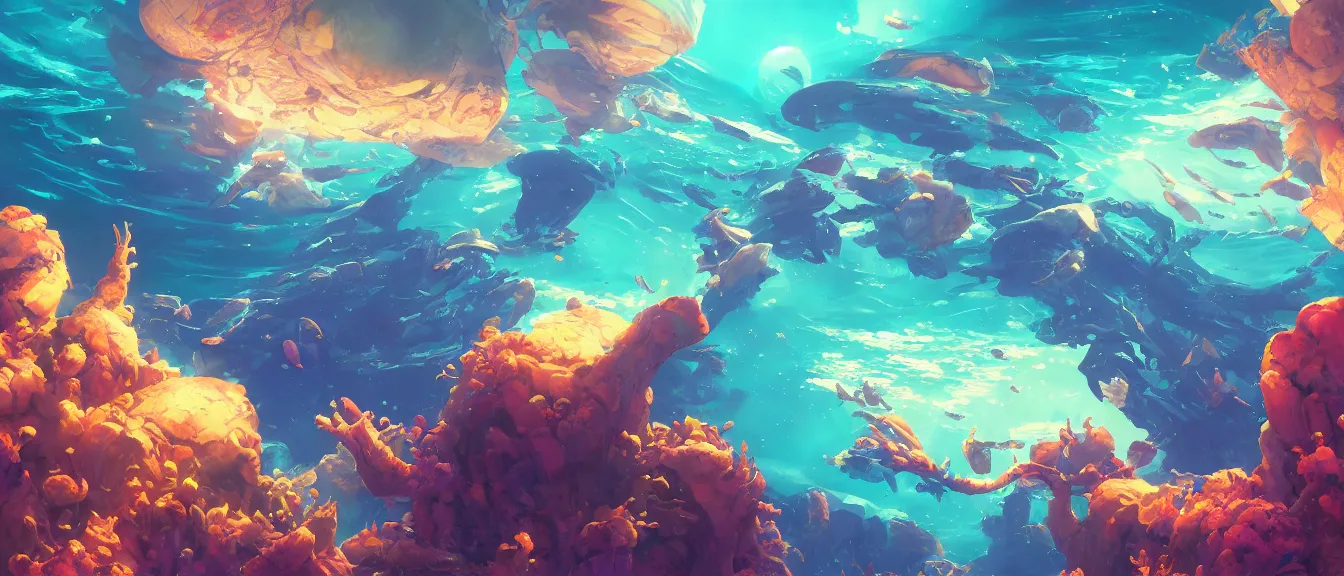 Prompt: underwater space station on a colorful ocean, unreal engine, fantasy art by greg, loish, rhads, ferdinand knab, makoto shinkai, lois van baarle, ilya kuvshinov, rossdraws, tom bagshaw, global illumination, radiant light, highly detailed intricate environment, isometric, onstudio ghibli, octane render, 8 k