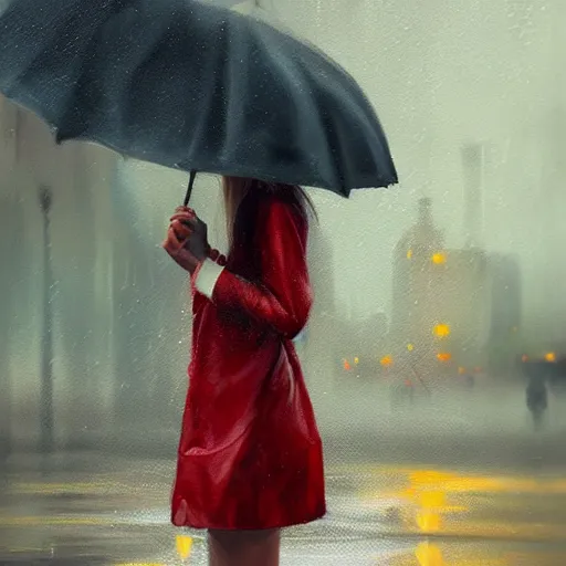 Image similar to a beautiful toned woman in the rain, aesthetic, oil painting, pale colors, high detail, 8 k, wide angle, trending on artstation,