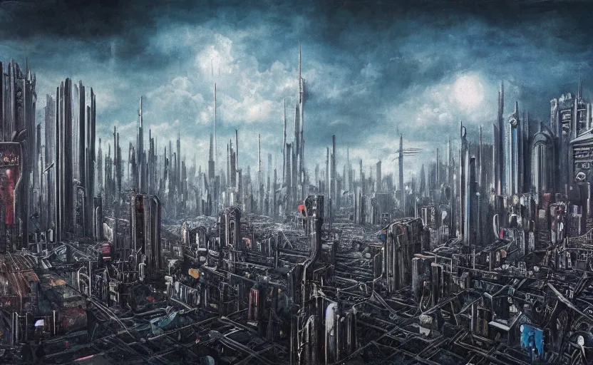 Image similar to a Dystopian gothic surrealism painting of a cyberpunk megalopolis extending up into the sky