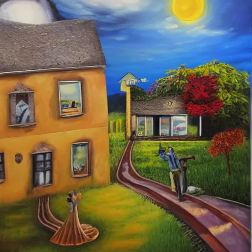 Prompt: detailed acrylic oil painting showing a surreal alive house smiling