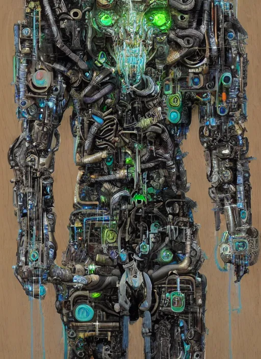 Image similar to hyper - detailed fine painting of a synthetic humanoid cyborg hybrid half cybernetic and half made of plants and wood, concept art magical highlight, full color tribal and technologic art