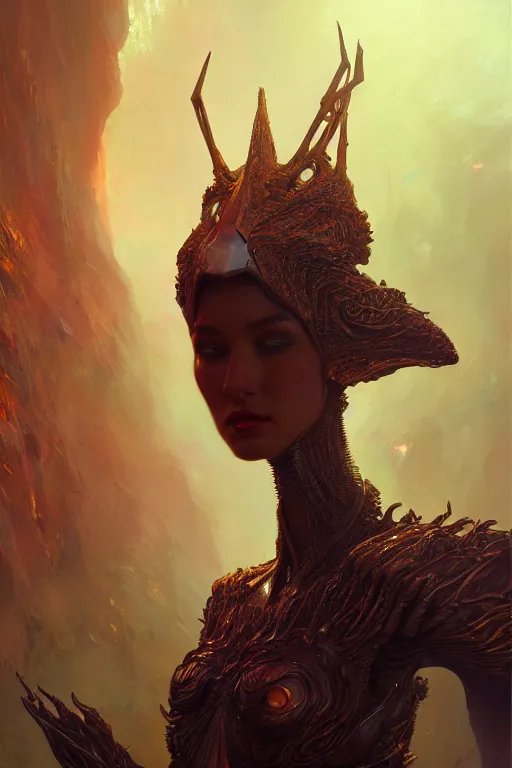 Prompt: attractive alien queen, close - up portrait, intricate, elegant, volumetric lighting, scenery, digital painting, highly detailed, artstation, sharp focus, illustration, concept art, gaston bussiere, ruan jia, steve mccurry