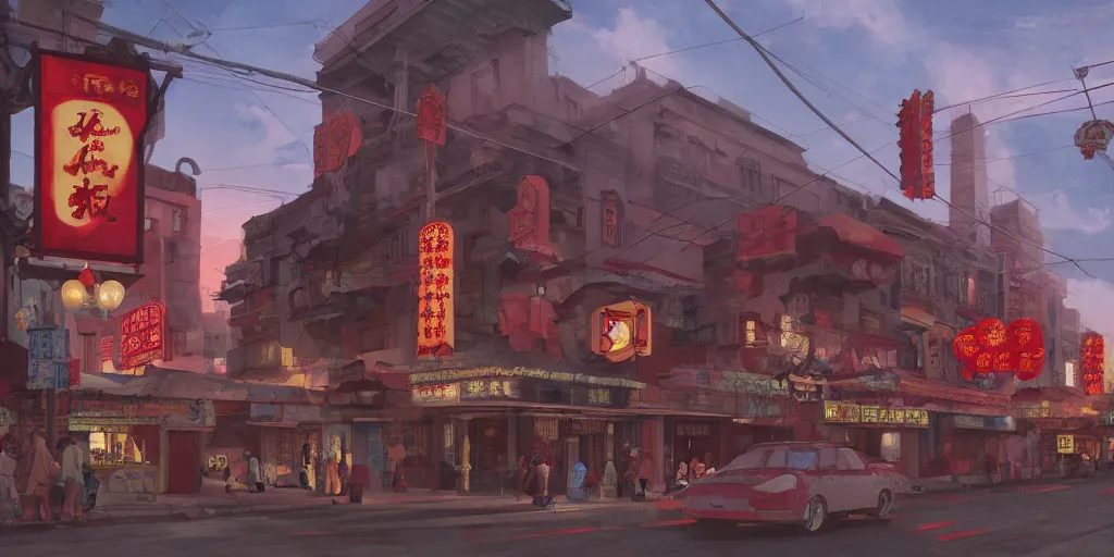 Image similar to old cinema in chinatown, evening, matte painting, studio ghibli, artstation