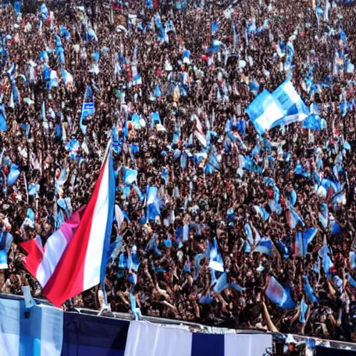 Image similar to Lady Gaga as president, Argentina presidential rally, Argentine flags behind, bokeh, giving a speech, detailed face, Argentina