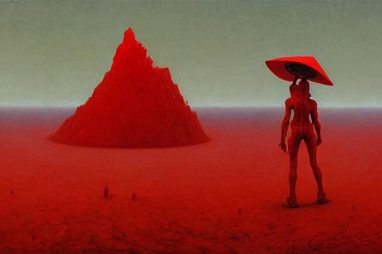 Image similar to only with red, red god of death eat apple, a futuristic city on mars in the background, red worms on the floor, in the style of beksinski, part by hopper, part by rodcenko, part by hofbauer, intricate composition, red by caravaggio, insanely quality, highly detailed, masterpiece, red light, artstation, 8 k