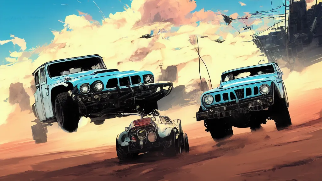 Prompt: digital illustration of mad max's fj 4 0 pursuit special, the last v 8 interceptor driving down to the gates of valhalla highway in the middle of the day, anime style, year 2 0 9 3, by makoto shinkai, ilya kuvshinov, lois van baarle, rossdraws, basquiat, studio ghibli