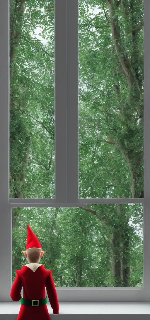 Image similar to an elf staring at the window looking at the trees outside, 8 k, ultra realistic