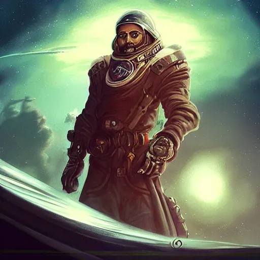 Image similar to “A portrait of a space pirate with his ship in the background, D&D sci-fi, artstation, concept art, highly detailed illustration.”