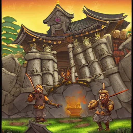 Image similar to a dwarf ninja heroes facing an ancient temple, illustrated by trent kaniuga