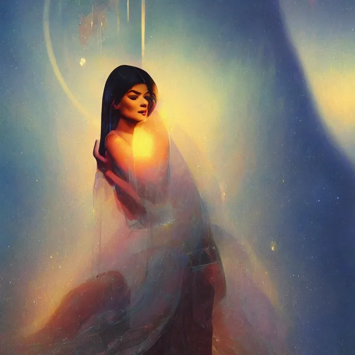 Image similar to kylie jenner as a goddess, abstract, concept art, digital painting, ornate, backlit, bokeh, deep aura, slight glow, by bruce pennington, by wayne barlowe