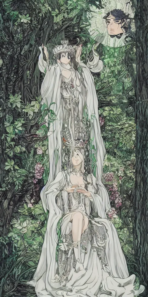 Image similar to an highly detailed magical empress sitting by herself on a sofa in a forest wearing a white robe drawn by cloverworks studio, excellent line work ,elegant and beautiful, tarot card, Tarot card the empress