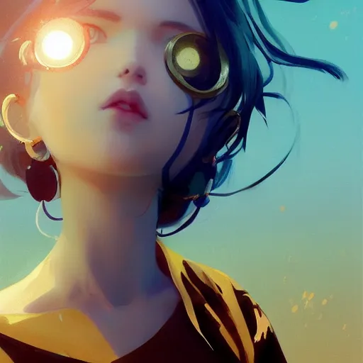 Image similar to ilya kuvshinov with long sky blue hair, gold eyes, boyish face, professional digital painting, concept art, ultra sharp, 8 k, cinematic, wlop, bubbles, tendrils in the background, art by greg rutkowski, pixiv art, art nouveau, yoshitaka amano