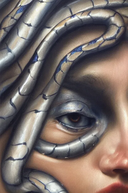 Image similar to hyperrealism oil painting, close - up portrait of face from a tangle of snakes fashion model, knight, steel gradient mixed with nebula sky, in style of baroque