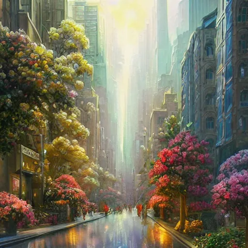 Image similar to a painting of an art - deco cityscape surrounded by flowers, a watercolor and matte painting by mark keathley and mandy jurgens and charlie bowater, cgsociety, artdeco, utopia art, sci - fi, artstation hq