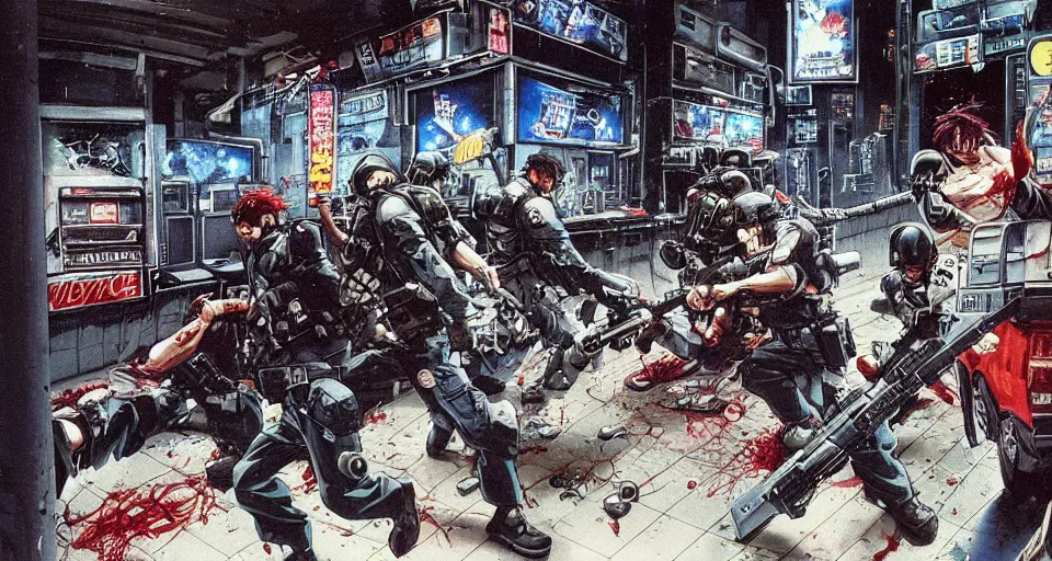 Prompt: 1993 Video Game Concept art for Akira style Anime Neo-tokyo Cyborg bank robbers vs police, Set inside of the Bank, Open Bank Vault, Multiplayer set-piece Ambush, Tactical Squads :10, Police officers under heavy fire, Destructible Enviorments, Gunshots, Bullet Holes and Anime Blood Splatter, :10 Gas Grenades, Riot Shields, MP5, AK45, MP7, P90, Chaos, Anime Machine Gun Fire, Gunplay, Shootout, :14 80s anime style, FLCL + GOLGO 13 :10, Created by Katsuhiro Otomo + Studio Gainax: 20