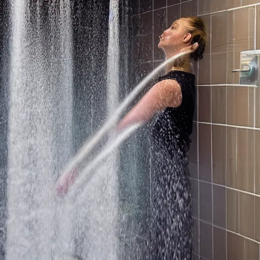 Prompt: a woman showering under laminar flow