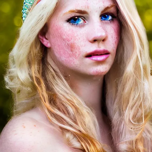 Prompt: close up headshot of a princess with long blonde hair and blue eyes wearing a strapless elaborately beaded pink dress, high resolution film still, 8k, HDR color, film by Simon Langton and David Frankel, triangular face, freckles, round narrow chin