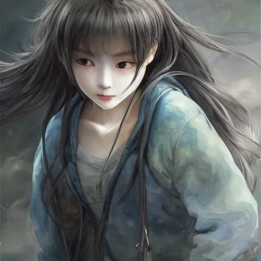 Image similar to dynamic composition, motion, ultra-detailed, amazing details, colorful and grayish palette, HD semirealistic anime CG concept art digital painting, watercolor oil painting of a Japanese schoolgirl, by a Chinese artist at ArtStation, by Huang Guangjian, Fenghua Zhong, Ruan Jia, Xin Jin and Wei Chang. Realistic artwork of a Chinese videogame, gradients, gentle an harmonic grayish colors.