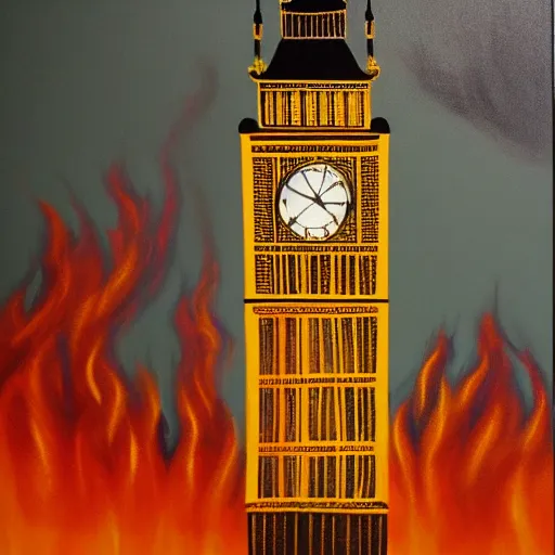 Image similar to detailed, soft, dynamic painting of the Big Ben in flames, burning, arson, professional painting, at dusk