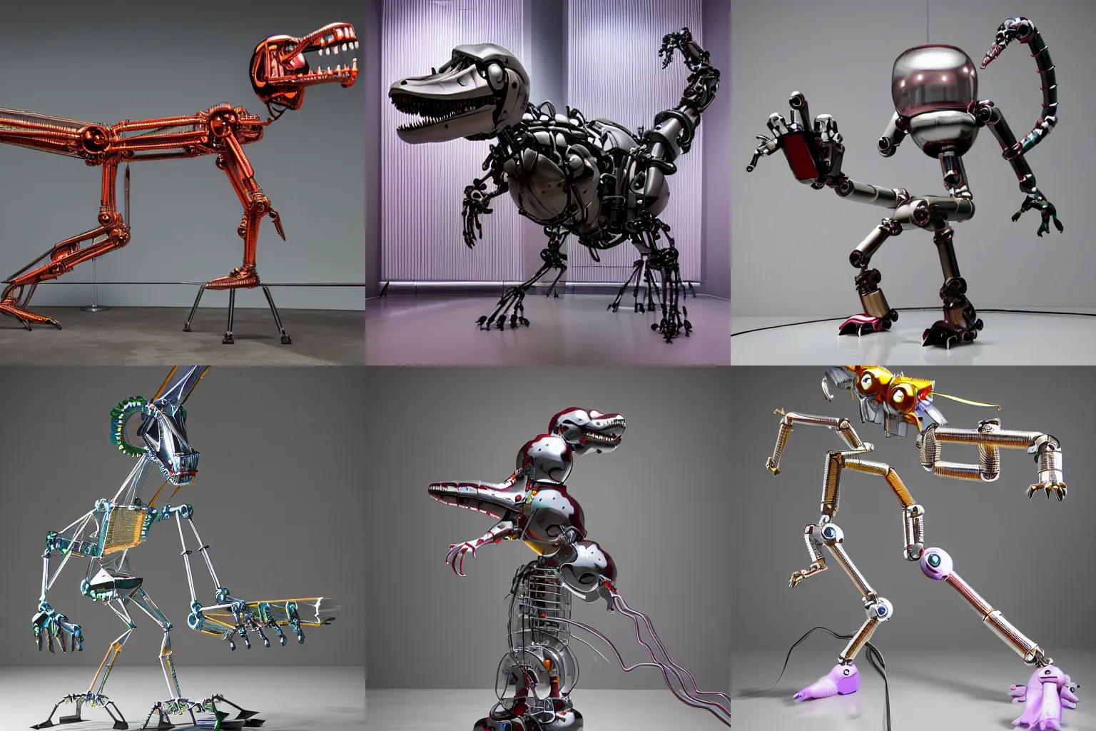 Prompt: A propaganda, plastic simple funny mechanical mechabot dinosaur pictoplasma characterdesign toy sculpture made from chrome wires and tubes by moebius, by david lachapelle, by jeff koons, in an empty studio hollow, c4d