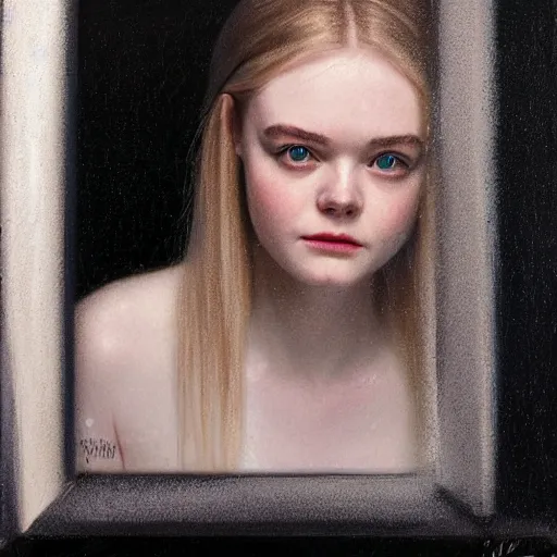 Prompt: Elle Fanning’s face against the mirror, head and shoulders portrait, stormy weather, extremely detailed masterpiece, oil on canvas, low-key neon lighting, artstation, Blade Runner 2049, Roger Deakin’s cinematography, by J. C. Leyendecker and Peter Paul Rubens and Edward Hopper and Michael Sowa,