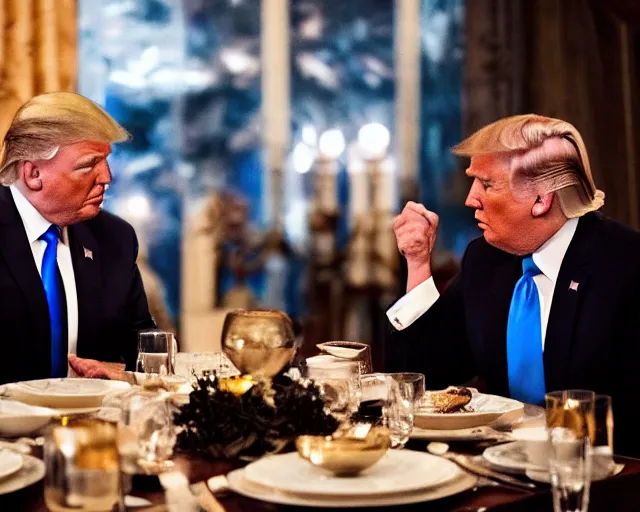 Image similar to Trump and Biden having dinner at a fancy Greek restaurant, award winning cinematic photography, 50 mm, blurred background, trending on twitter