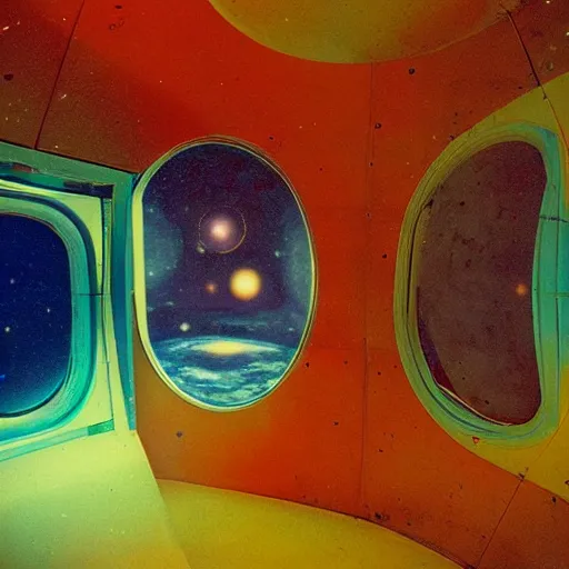 Prompt: Liminal space in outer space, 1960s, colour photography