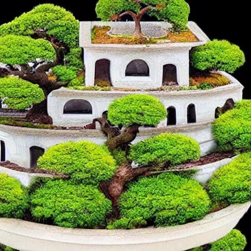 Prompt: a city on top of a bonsai tree, realistic