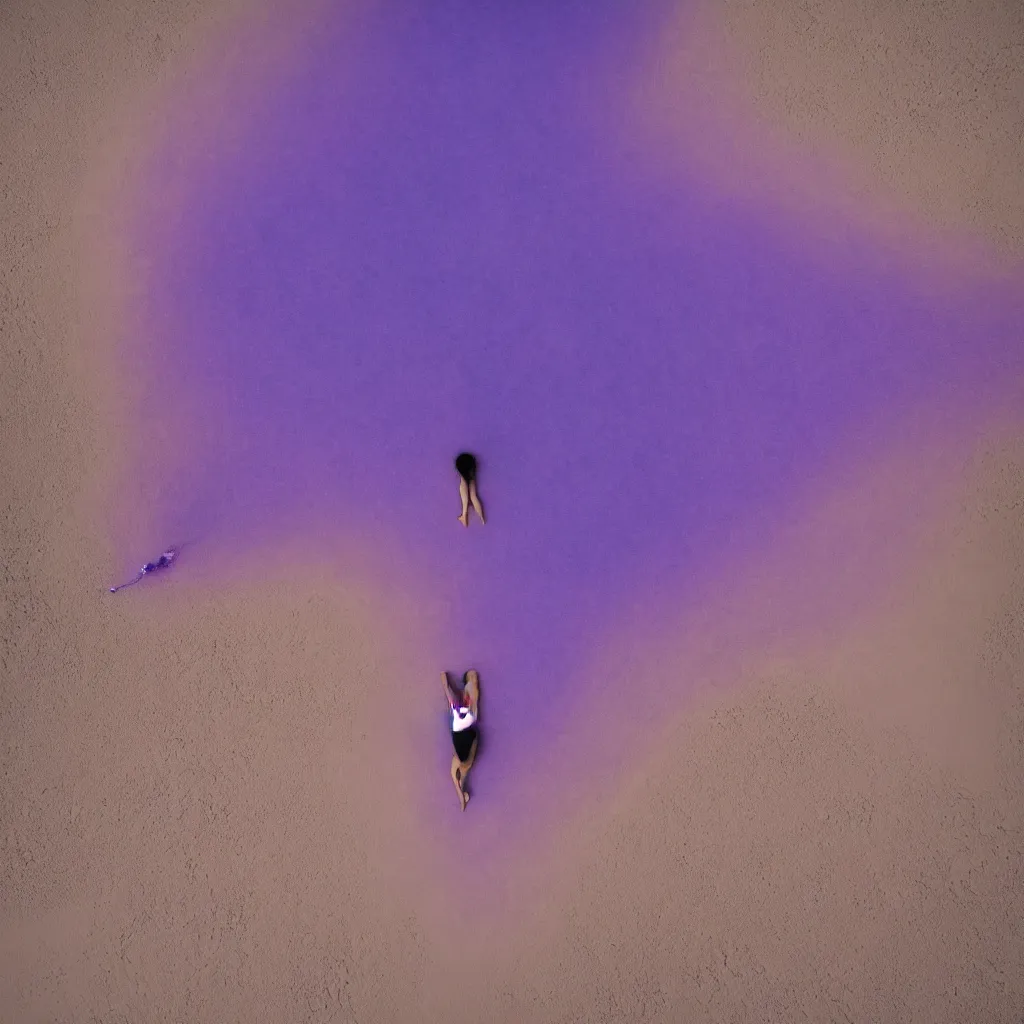 Image similar to aerial view of iridiscent oil spill in desert dunes of sand tempest with women corpses connected by cables and computers to wax forms to a buried baby relaxing on yoga mat, faded, purple gradient, dust, purple fog, depth of field, by werner herzog, hans bellmer and nadav kander, 8 k, sad atmosphere, cinematic