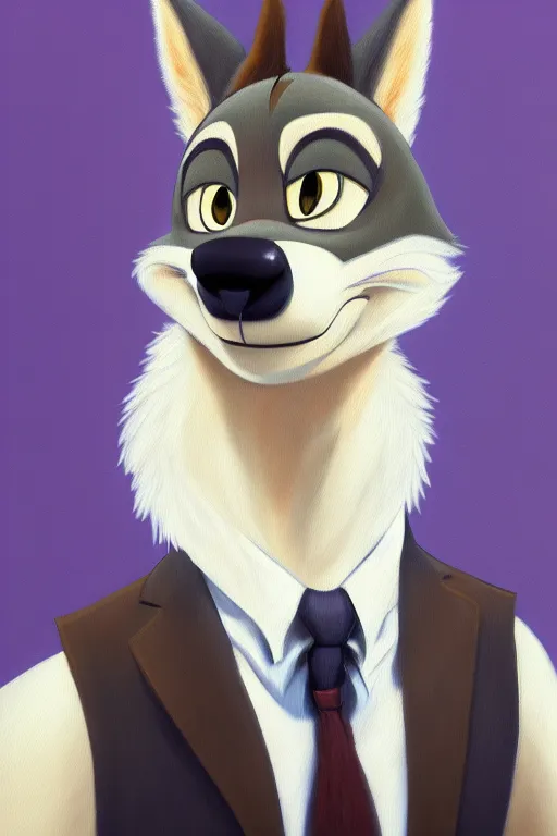 Image similar to oil painting of anthromorphic female wolf, in style of zootopia, female fursona, furry, furaffinity, 4 k, deviantart, furry art, fursona art, wearing black business suit, business suit, wolf fursona, female, smug expression,