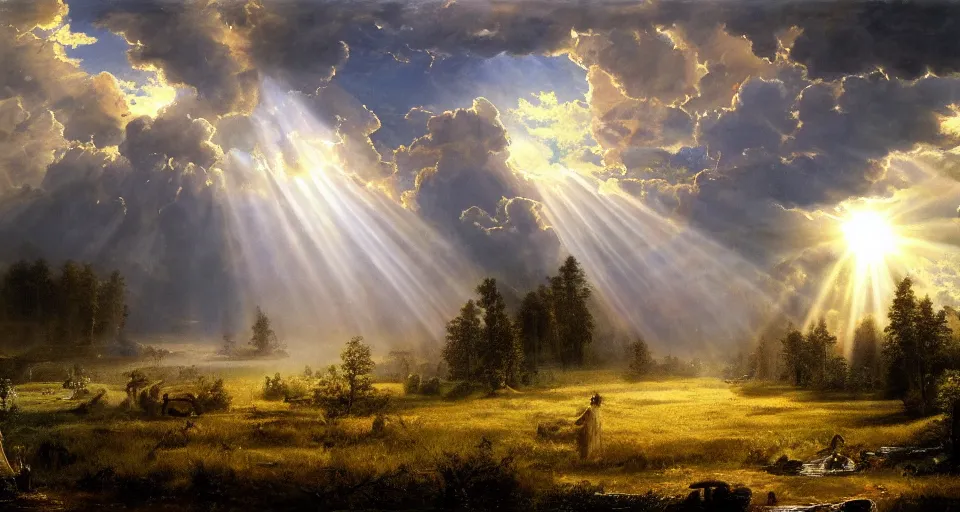 Prompt: heaven with angels floating on clouds god rays, by eugene von guerard, ivan shishkin, trending on artstation, 8 k