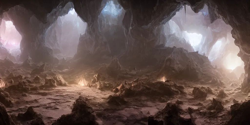 Image similar to beautiful matte painting of a cave with glowing crystals on the walls and bone piles on the floor, fantasy, sharp focus, artstation