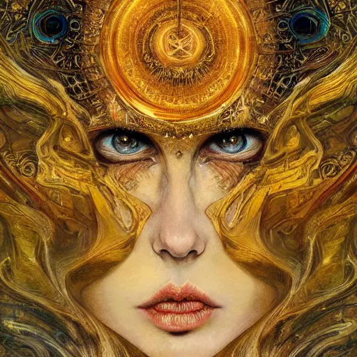 Image similar to Divine Chaos Engine by Karol Bak, Jean Deville, Gustav Klimt, and Vincent Van Gogh, beautiful visionary mystical portrait, sacred, otherworldly, fractal structures, ornate gilded medieval icon, third eye, spirals