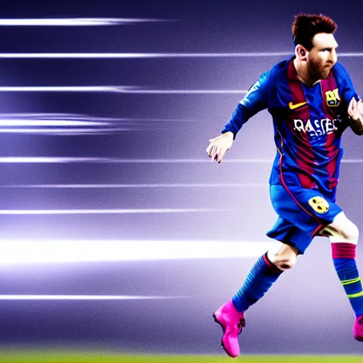 Image similar to lionel messi running extremely fast while his body emits blue lightning, 8 k