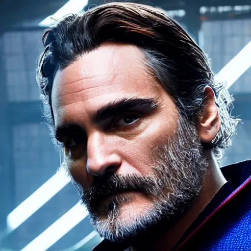 Image similar to A still of Joaquin Phoenix as Dr. Strange. Extremely detailed. Beautiful. 4K. Award winning.