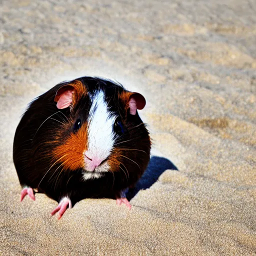 Prompt: a guinea pig using a metal detector on the beach, 4k photorealism