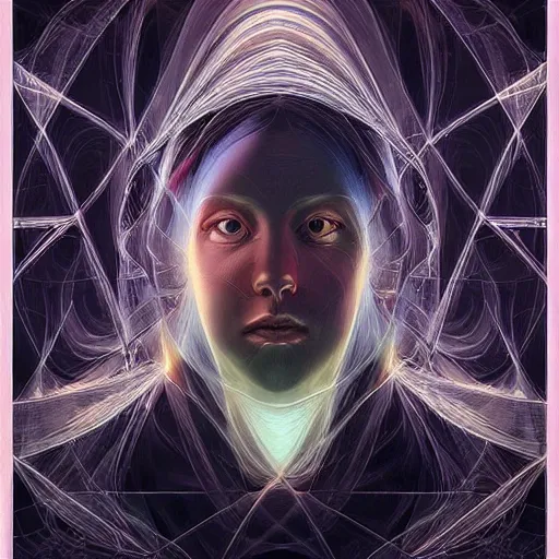 Image similar to beautiful portrait of intelligence of science, spatial space deformation in latent space, math art, astral plane, by artgerm and ( dan mumford ) and gustave dore, vray, cgsociety
