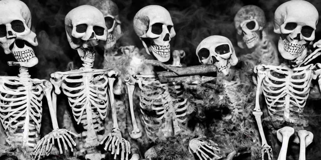 Prompt: Numerous skeletons smoking cigars, black and white image, visible smoke
