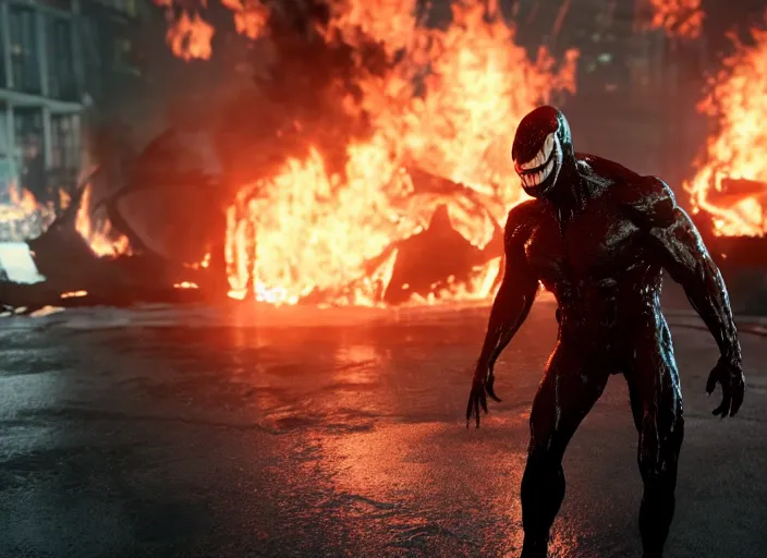 Image similar to venom standing still in a fire around him, ultra realistic 4 k unreal engine very cinematic render with ray tracing bloom ambient occlusion strong reflections depth of field fog