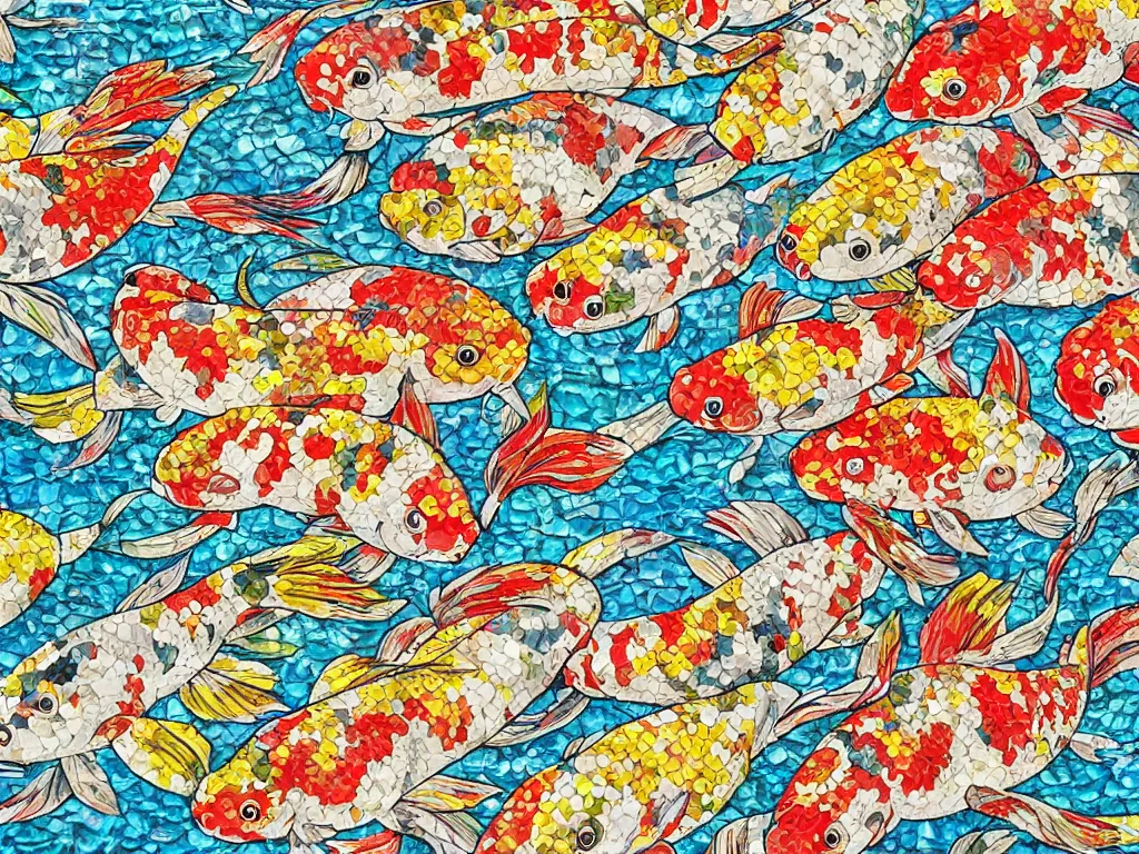 Image similar to breathtaking detailed concept art painting kaleidoscope of koi carp collage illustration pattern, 1 5 0 mm, tiny, small, miniature, short, cute and adorable, digital painting, highly detailed, intricate, elegant, artstation, concept art, colorful, beautiful, studio ghibli, aoshima chiho, takashi murakami, manga, cute and adorable