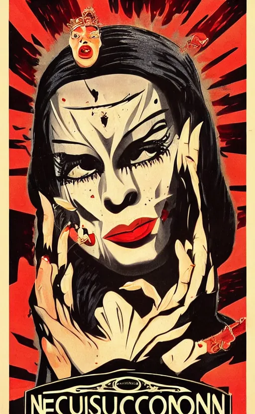 Image similar to 8 k cursed with necronomicon horrorcore cel animation poster depicting dominican woman with sharp nails, intricate faces, metropolis, 1 9 5 0 s movie poster, post - processing, vector art