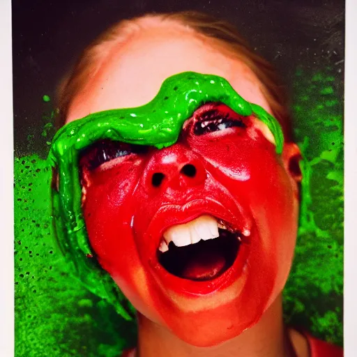 Image similar to medium shot open human mouth with thick viscous green slime oozing out, thick red lips, human staring blankly ahead, melancholy, unsettling, art house film aesthetic, a 2 4, color grain 3 5 mm, hyperrealism