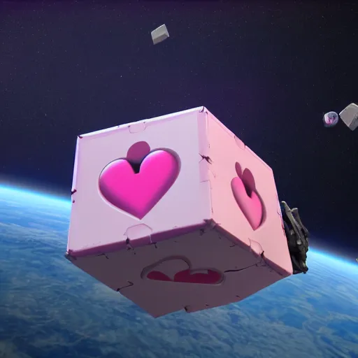 Prompt: the companion cube with the pink heart, floating in space, with destroyed satellite debris, ZBrush, Maya, Unreal Engine