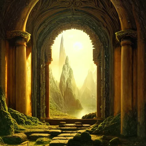 Image similar to a beautiful and highly detailed matte painting of an ancient elven doorway to avalon, epic scale, insanely complex, hyperdetailed, sharp focus, hyperrealism, artstation, cgsociety, 8 k, by caspar friedrich, albert bierstadt, james gurney, brian froud,